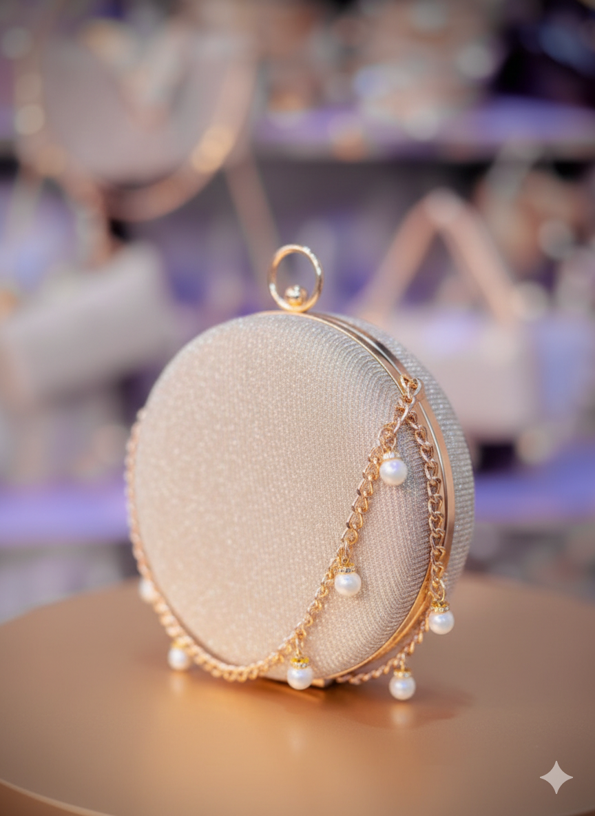 Premium Pearl Detail Round Evening Clutch Bag for Women